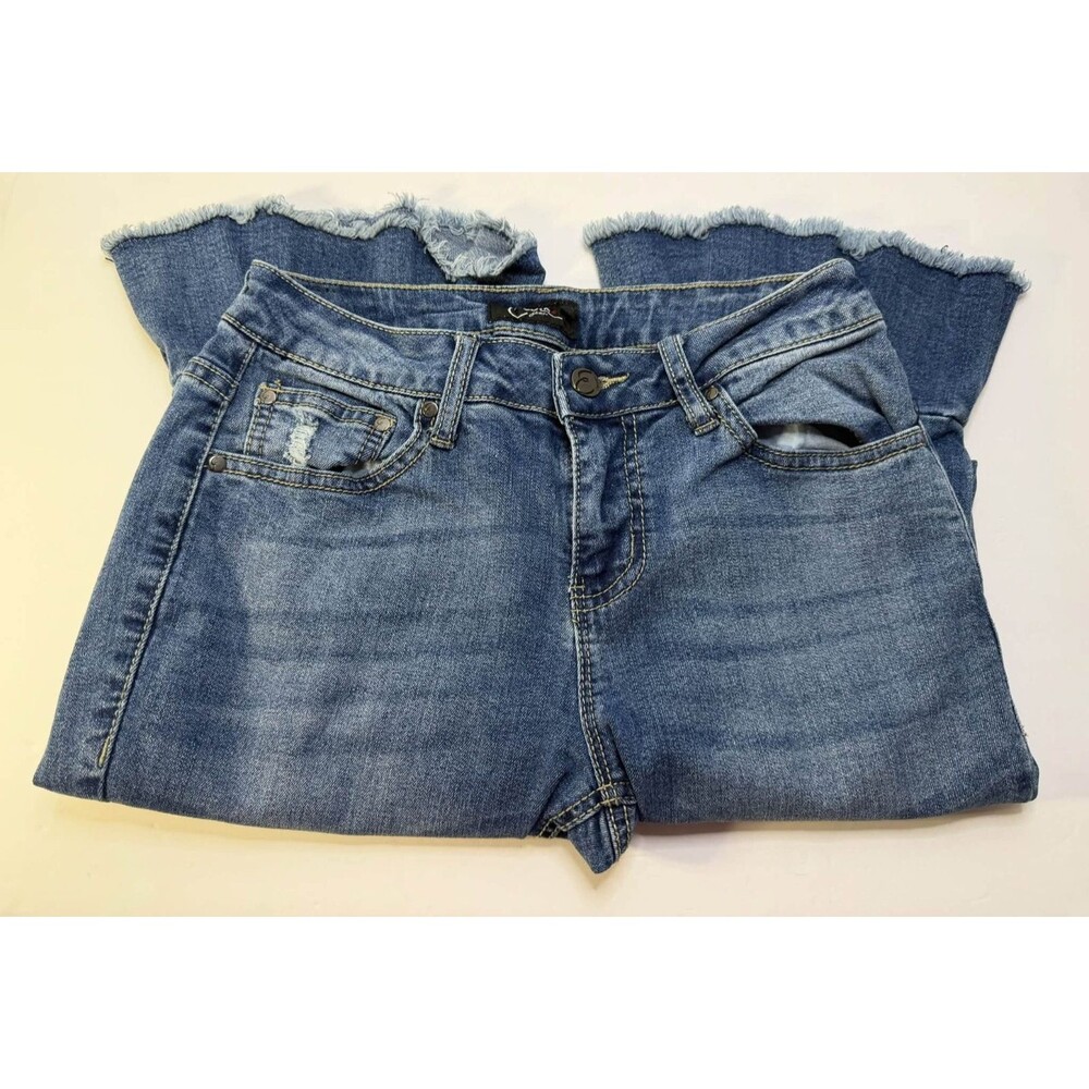 Earl Jean Womens Crop Flare Jeans Size 6 Frayed Raw Hem Medium Wash Stretch